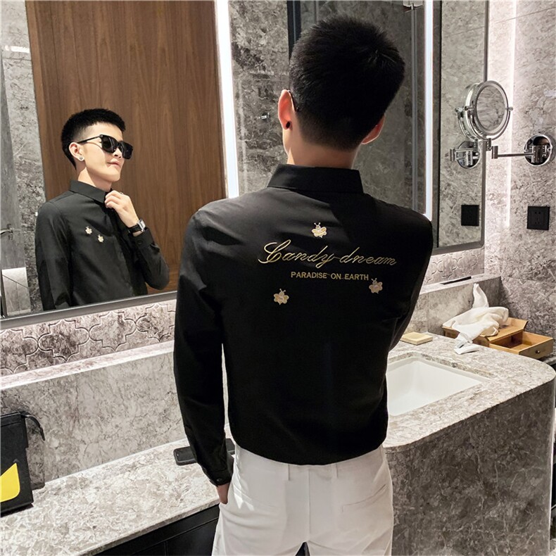 CSY81-P55控78白色2021春秋装社会小伙刺绣长袖衬衫男潮,男装衬衫,星座102A（原电商D309-1）
