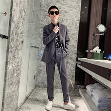 秋冬款纯色小西装半腰带双排扣社会小伙西服套装A328-20332-P165，男装西服套装，星座406