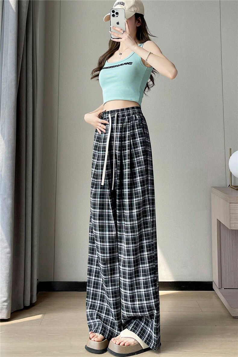 2024夏季新款黑白格子阔腿裤女高腰宽松垂感直筒仿麻拖地长裤女,女装休闲裤,梦白服饰厂
