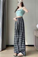 2024夏季新款黑白格子阔腿裤女高腰宽松垂感直筒仿麻拖地长裤女，女装休闲裤，梦白服饰厂