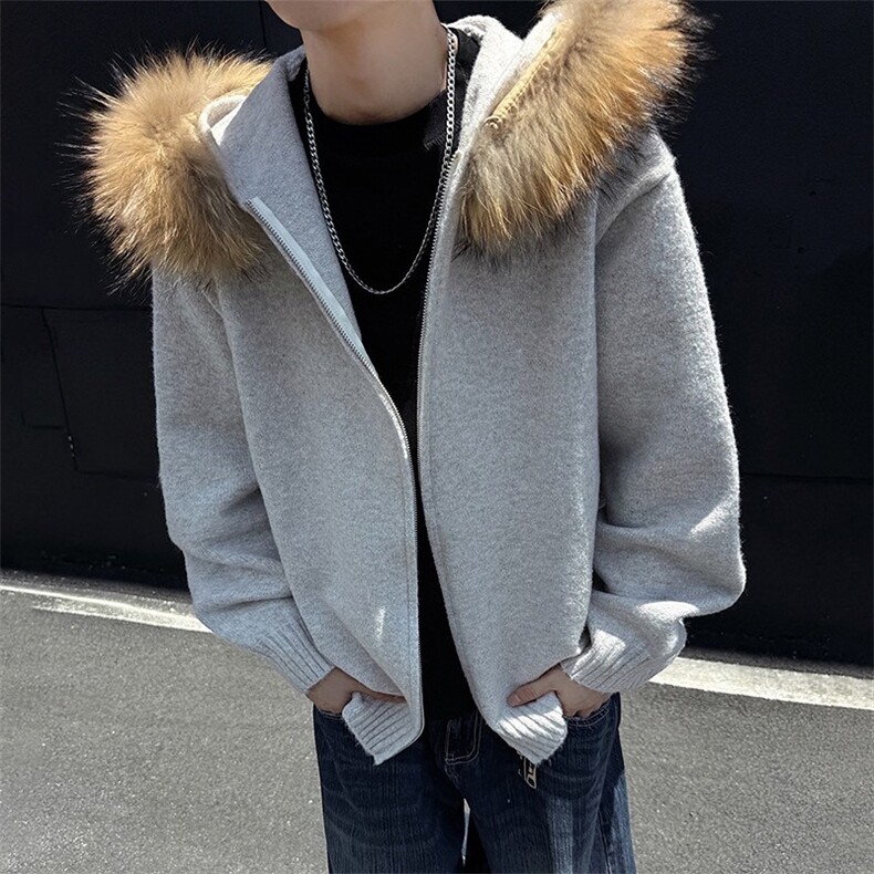 毛领针织开衫男女款2025秋冬新款慵懒感宽松休闲百搭连帽毛衣外套,男装针织衫/毛衣,星座506A