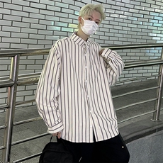 秋季宽松衬衣外套男港风潮流炸街百搭条纹休闲长袖衬衫EC03-P33，男装衬衫，星座1008