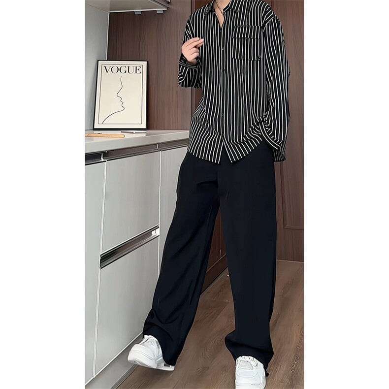 TZ30828018/P90套装长袖条纹衬衫西裤男垂感上衣衬衣休闲裤两件套,男装衬衫,电商A141