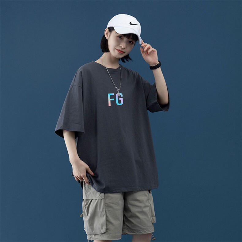 2024夏季新款宽松大码中性风反光FG男女运动短袖纯棉T恤T1915-P22,男装T恤,星座508（原C305）