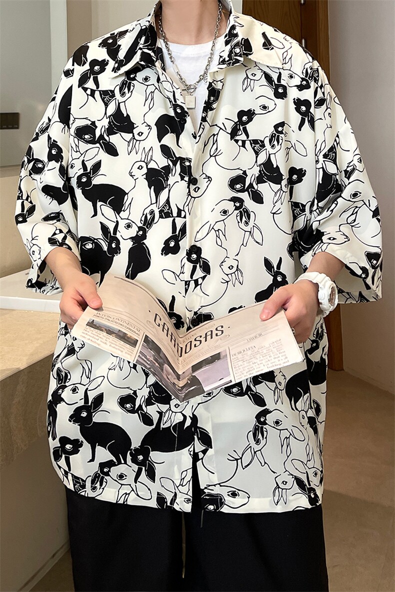 春夏宽松兔子印花男女情侣短袖休闲衬衫A071-C61-P38,男装T恤,电商A071