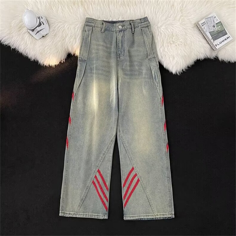 条纹设计感阔腿宽松牛仔裤女夏季薄款水洗复古美式高街风裤子，男装牛仔裤，星座1013