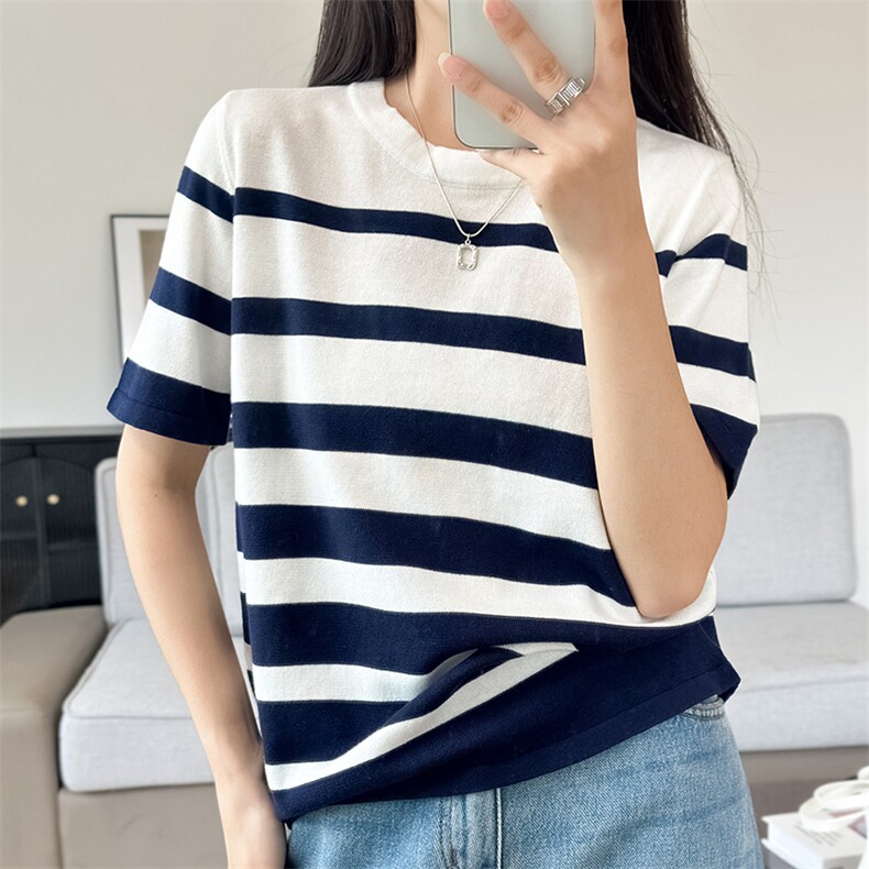 2025夏季100%纯棉圆领条纹套头短袖女宽松百搭上衣T恤针织打底衫,女装T恤,洁纯羊绒