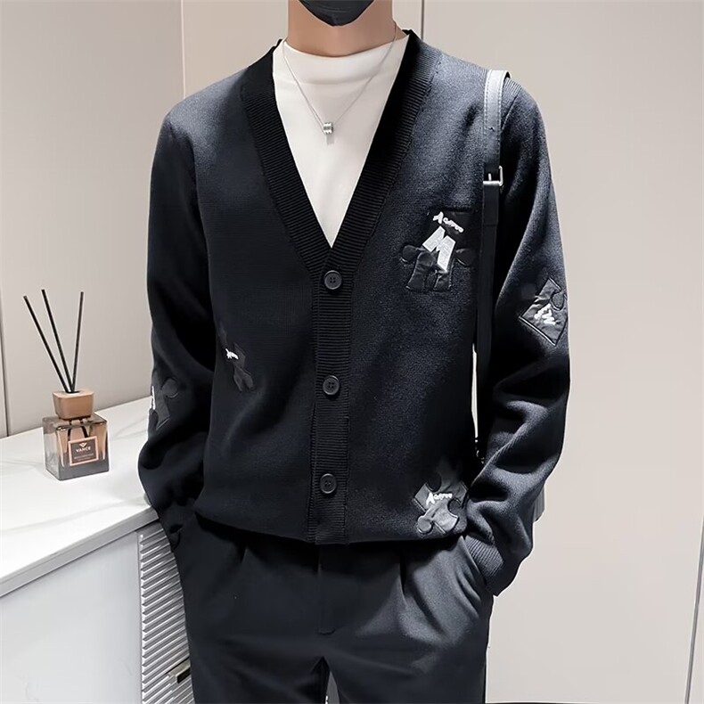 拼图白色长袖针织衫V领提花拼色痞帅男士开衫夹克外套秋季M881,男装针织衫/毛衣,星座1116A-2（原606A-1）