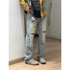 复古腰果花补丁破洞牛仔裤美式高街直筒牛仔裤1001-1-FA445-P52，男装牛仔裤，星座1001-1