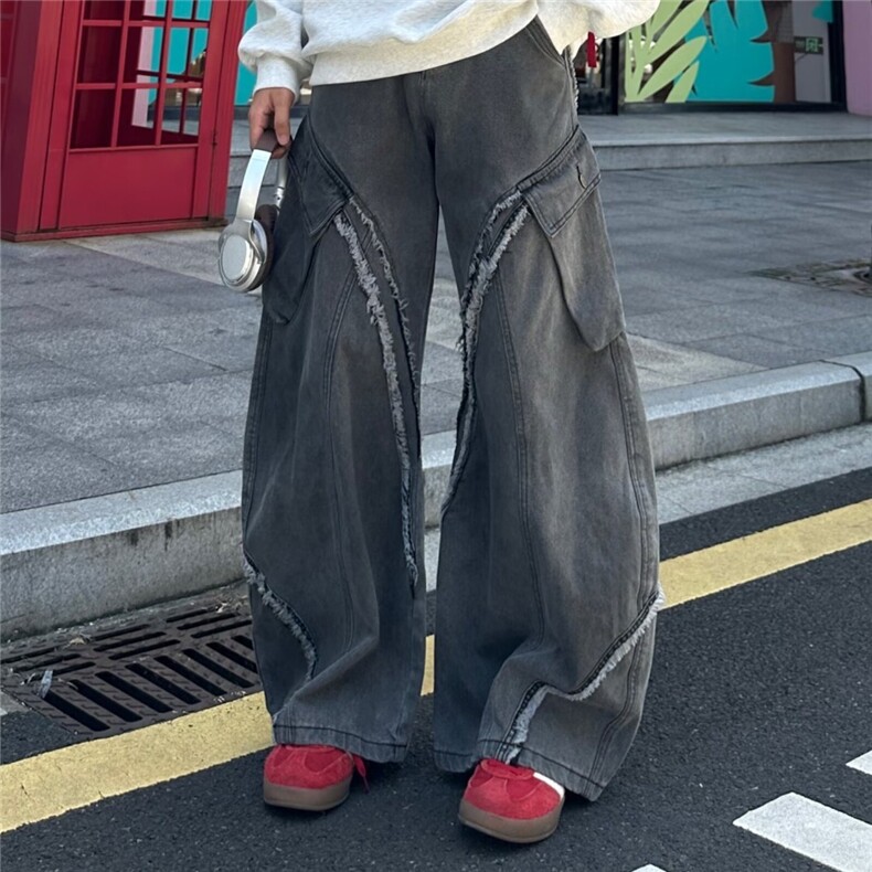 7802-P59 黑灰色牛仔裤男美式高街嘻哈水洗做旧潮牌宽松直筒裤子图片