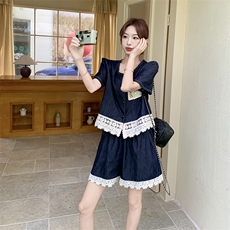 现货2D078-T2063-P145K198蕾丝拼接牛仔套装短裤两件套，女装套装/套裙，2D078
