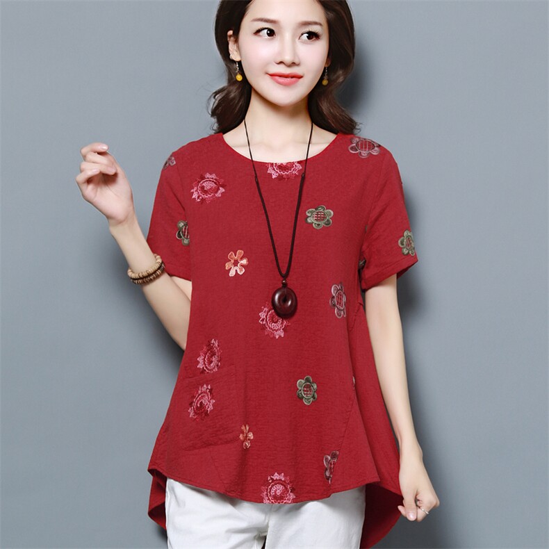 春夏季新款中老年大码宽松棉麻绣花七分袖T恤衫妈妈装40-50岁上衣，女装T恤，涵誉