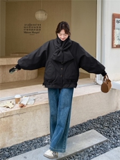 韩系拼接撞色格子围巾短款羽绒服女2025冬立领宽松小个子减龄外套，女装羽绒服，艾米莉亚