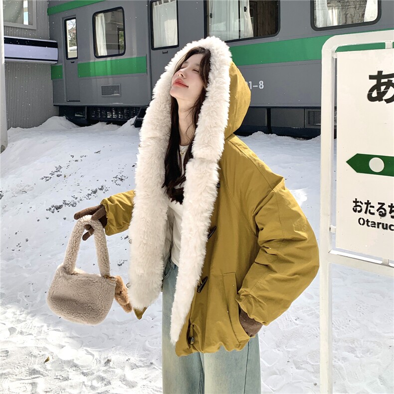现货！羊羔毛拼接加厚90绒南瓜色羽绒服2C056-7100-P285控428,女装羽绒服,2C056
