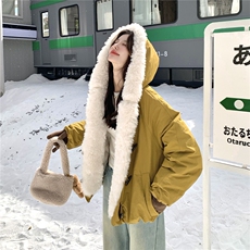 现货！羊羔毛拼接加厚90绒南瓜色羽绒服2C056-7100-P285控428，女装羽绒服，2C056