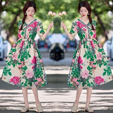 现货！夏季新款2025时尚气质天丝麻料印花抽绳系带修身连衣裙，女装连衣裙，涵墨
