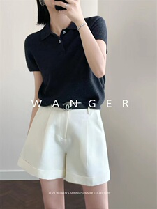 新品纯色女翻领polo衫短袖短款图片