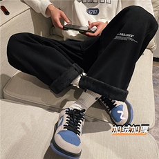 k808J-p55-控78M-5XL水晶绒加绒黄泥色港风高阶宽松牛仔裤微喇，男装牛仔裤，星座116