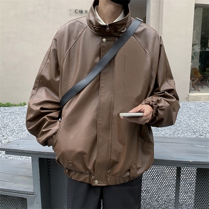 秋款男皮衣立领夹克衫工装织带休闲皮外套JK9286 P75图片
