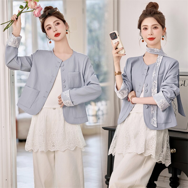 小香风蕾丝飘带皮衣短外套女2025春新款减龄pu皮西装打底衫两件套，女装套装/套裙，悠米