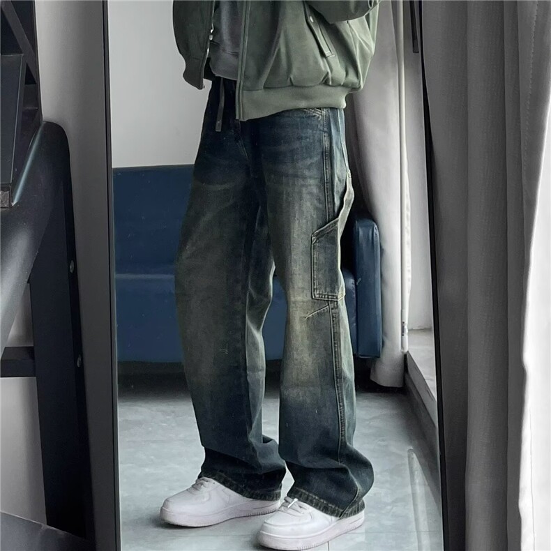 美式高街牛仔裤男潮牌cleanfit复古微喇裤子潮牌宽松直筒阔腿长裤,男装牛仔裤,四季星座505