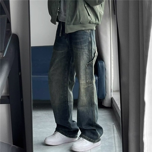 美式高街牛仔裤男潮牌cleanfit复古微喇裤子潮牌宽松直筒阔腿长裤图片