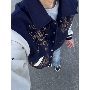 毛呢拼皮刺绣棒球服夹克JK0162-P65图片