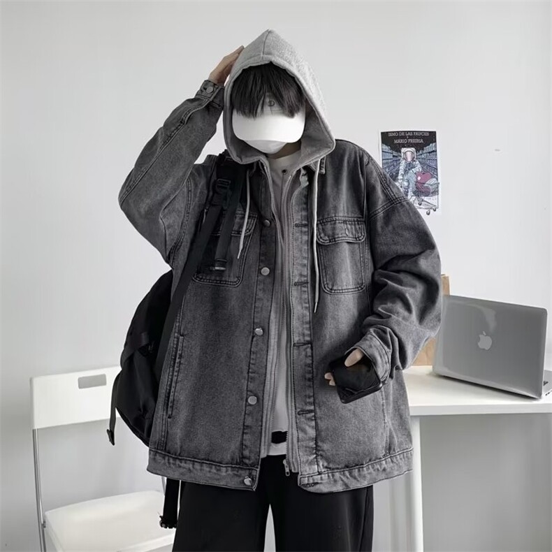 痞帅牛仔夹克男韩版ins连帽宽松百搭外套潮流假两件上衣J144-P70,男装夹克,星座1008