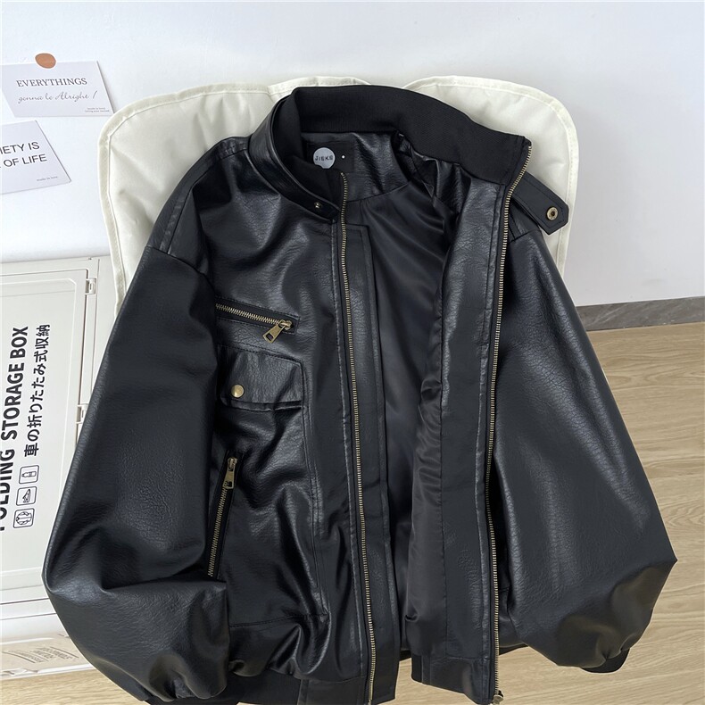 美式复古纹路PU皮衣夹克男女春秋机车服外套JK24-P90图片
