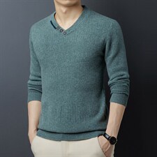 秋季中年男士V领全羊毛长袖毛衣薄款爸爸装商务休闲针织衫上衣，男装针织衫/毛衣，电商B212（原钱塘6029）