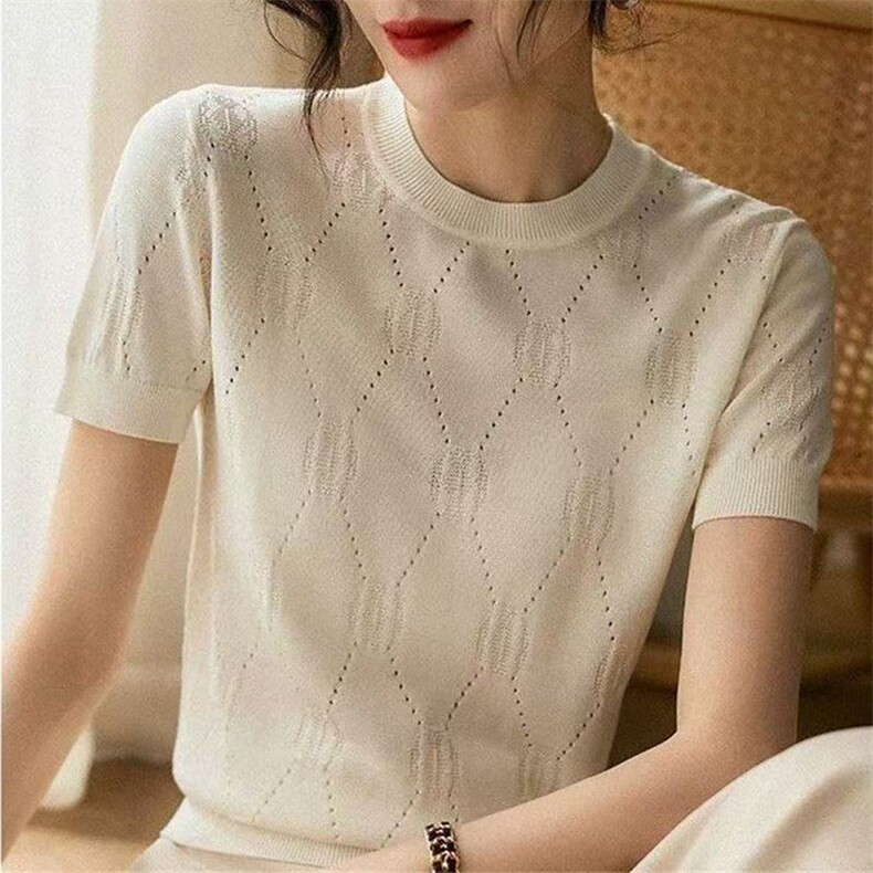 韩系新款短袖女t恤夏2025冰丝针织上衣镂空百搭夏季女士圆领上衣,女装T恤,萱芳婷羊绒