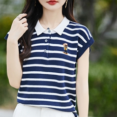 条纹短袖T恤女2025新款特大码女装夏季POLO领宽松薄款冰丝针织衫，女装针织衫/毛衣，斯美雅安迪绒