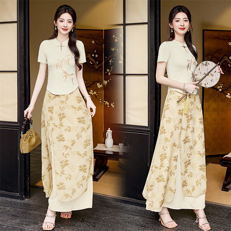 新中式国风半身裙女套装夏季新款时尚气质冰丝碎花两件套连衣裙子，女装套装/套裙，央宝儿