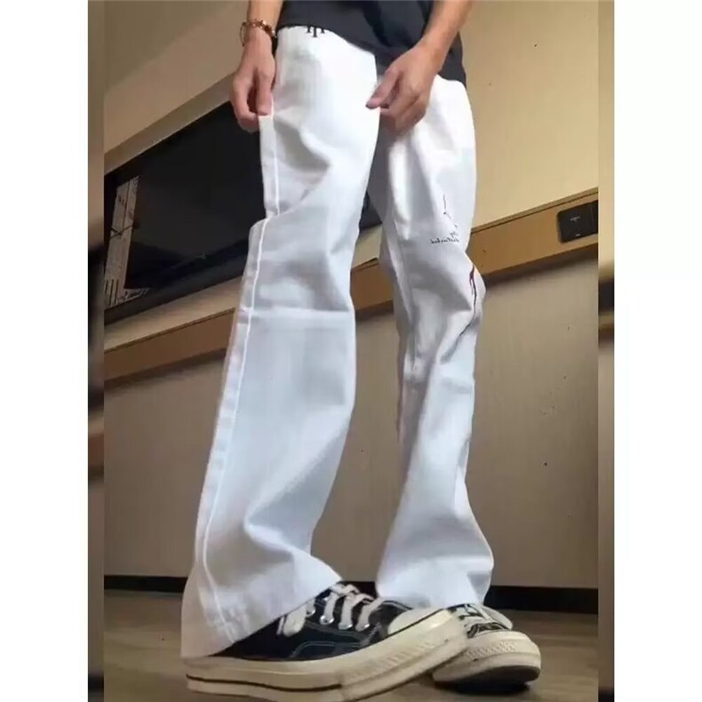 闪电纹牛仔裤男秋季渐变复古蓝微喇裤春秋款美式高街宽松直筒裤子,男装牛仔裤,星座506A