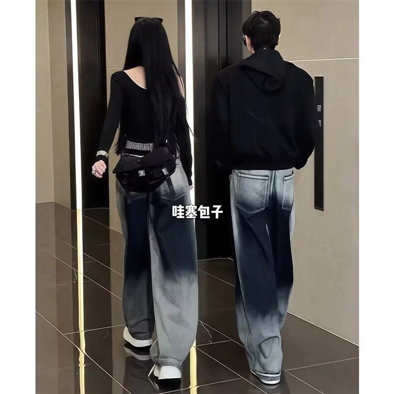 蓝色渐变弯刀牛仔裤男痞帅高级感裤子美式高街情侣宽松直筒阔腿裤,男装休闲裤,星座603-2