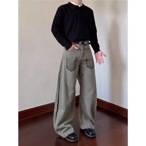 106-1/KB2071/P61复古泼墨做旧褶皱工装牛仔裤男女美式图片