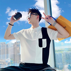 AT313/P58控78夏季社会小伙撞色口袋痞帅百搭POLO短袖T恤男黑首图片