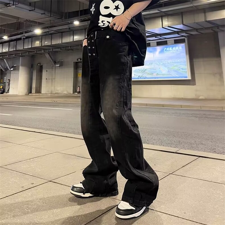 黑色微喇牛仔裤男高街hiphop裤子宽松直筒+腰带1001-1-5066-p45，男装牛仔裤，星座1001-1