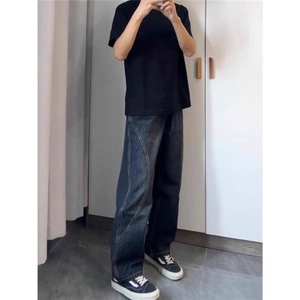 复古拼接牛仔裤男女裤子潮牌痞帅微喇叭直筒裤子图片