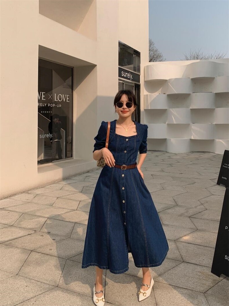 夏季薄款女人味牛仔连衣裙，女装连衣裙，肆尔