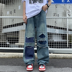 美式街头水洗做旧破洞牛仔裤男宽松欧美高街vibe风长裤子N3-P60，男装牛仔裤，星座308B-2