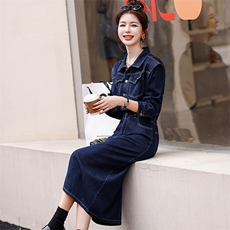 2025新款全棉时尚牛仔连衣裙修身显瘦长袖开叉设计，女装连衣裙，2D076