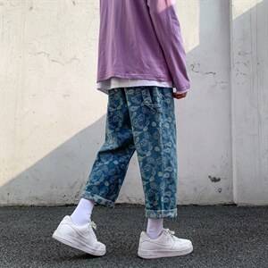 2021港风外景白墙宽松休闲直筒裤九分牛仔裤满印腰果花N8053-P55图片
