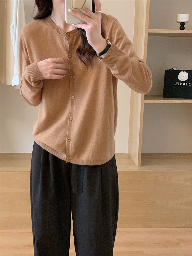 超细美丽诺羊毛圆领开衫,针织衫/毛衣,杭跃羊绒