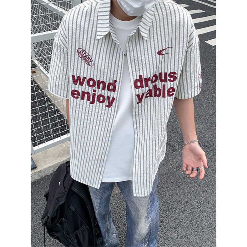 夏季新款短袖衬条纹衫拼色设计感休闲个性衬衣DC2236-特价P40,男装T恤,电商A007