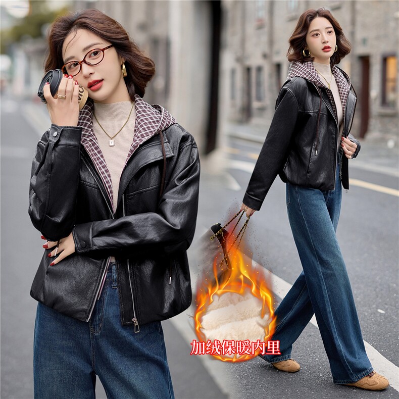 主推皮衣外套女连帽格子拼接上衣2025冬季新款加厚毛皮夹克机车服,女装皮衣,江南女神