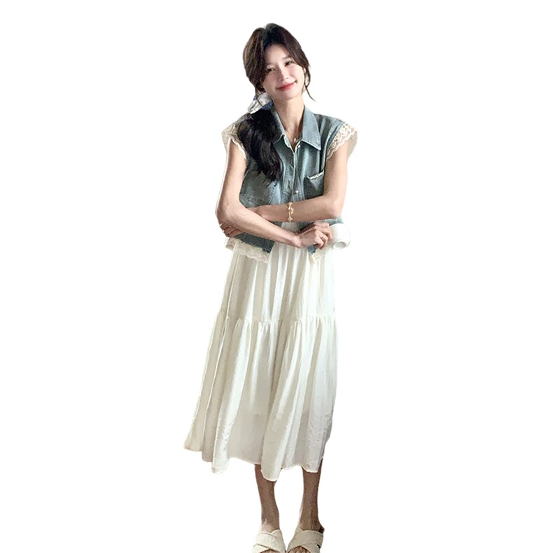 主推现货25夏装新款吊带+牛仔短袖外套两件套蕾丝拼接仙气套裙,女装套装/套裙,衣珂纱朗