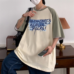 32支 双纱 直播重磅260克 拼接美式潮牌宽松印花复古短袖t恤控49图片