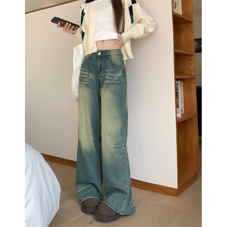 1695-1/KK3921/P50复古小众阔腿牛仔裤女春夏高腰宽松百搭垂感图片