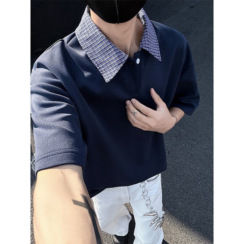 特批P25无差价夏季拼接格子短袖T恤假两件男亨利领大码上衣T5125,男装T恤,电商A001-1